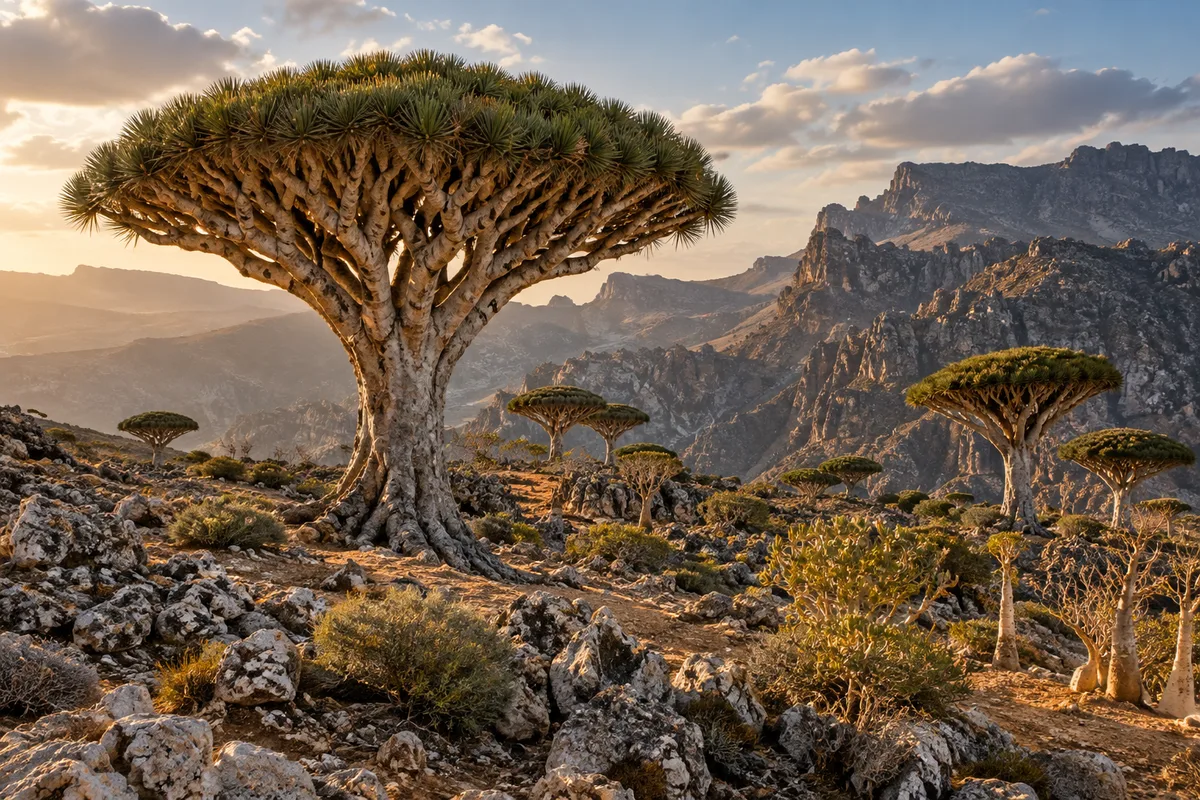 Umbrella-shaped dragon's blood trees on Socotra's dry rocky plateau