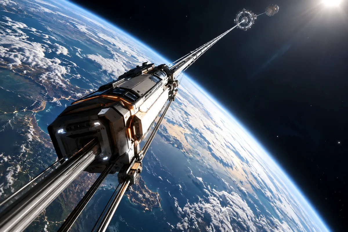 Space elevator climber traveling along a tether above Earth