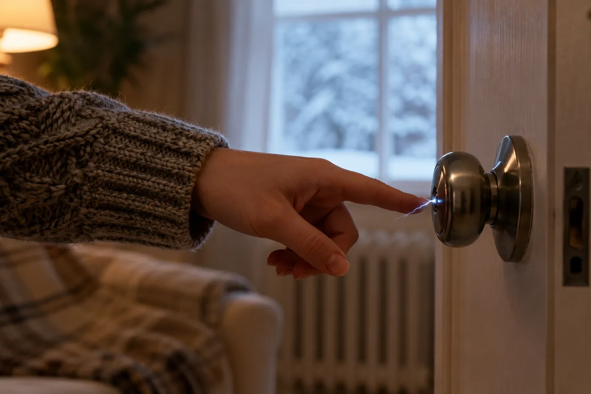 A small static spark between a fingertip and a metal doorknob in winter, showing how dry air makes static electricity more noticeable