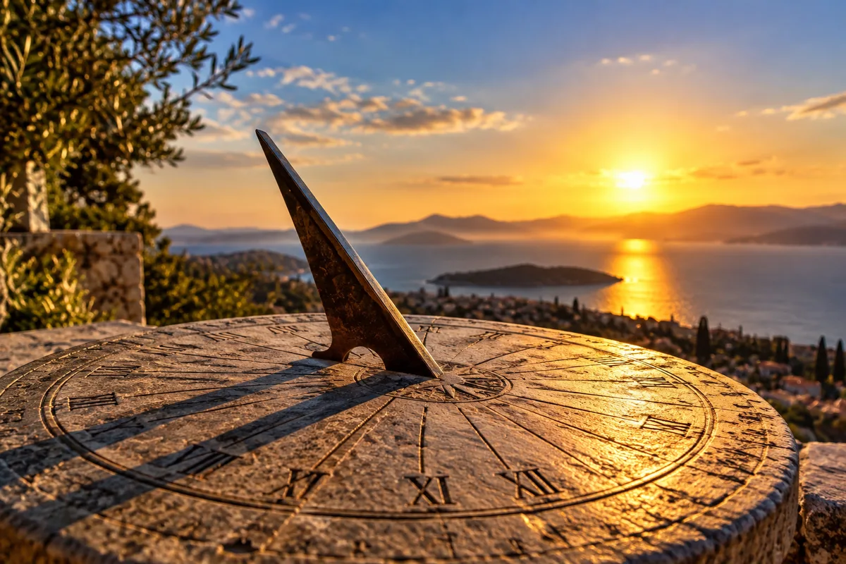 Sundial casting a moving shadow across marked hour lines
