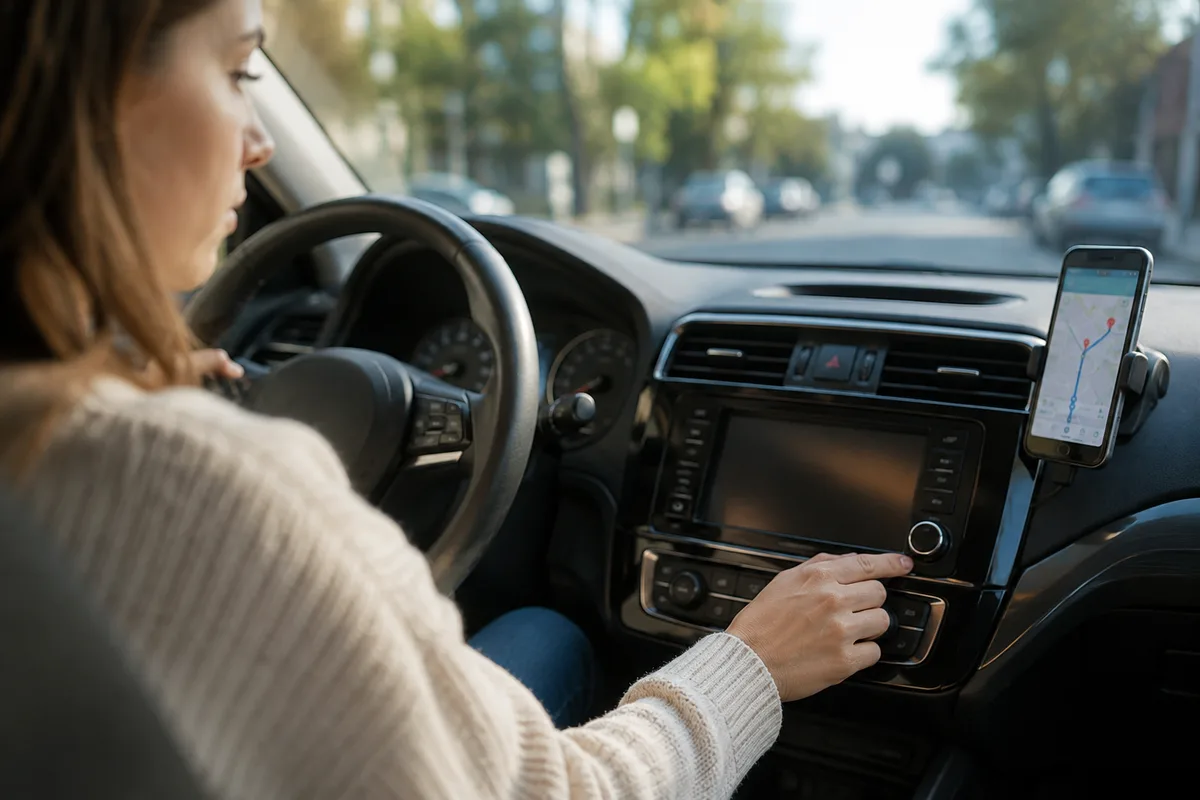 A driver reducing the car audio volume while following a navigation route and searching for an address