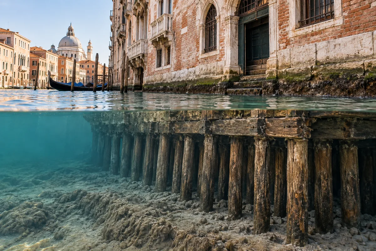 Wooden foundation piles supporting masonry above soft lagoon sediment