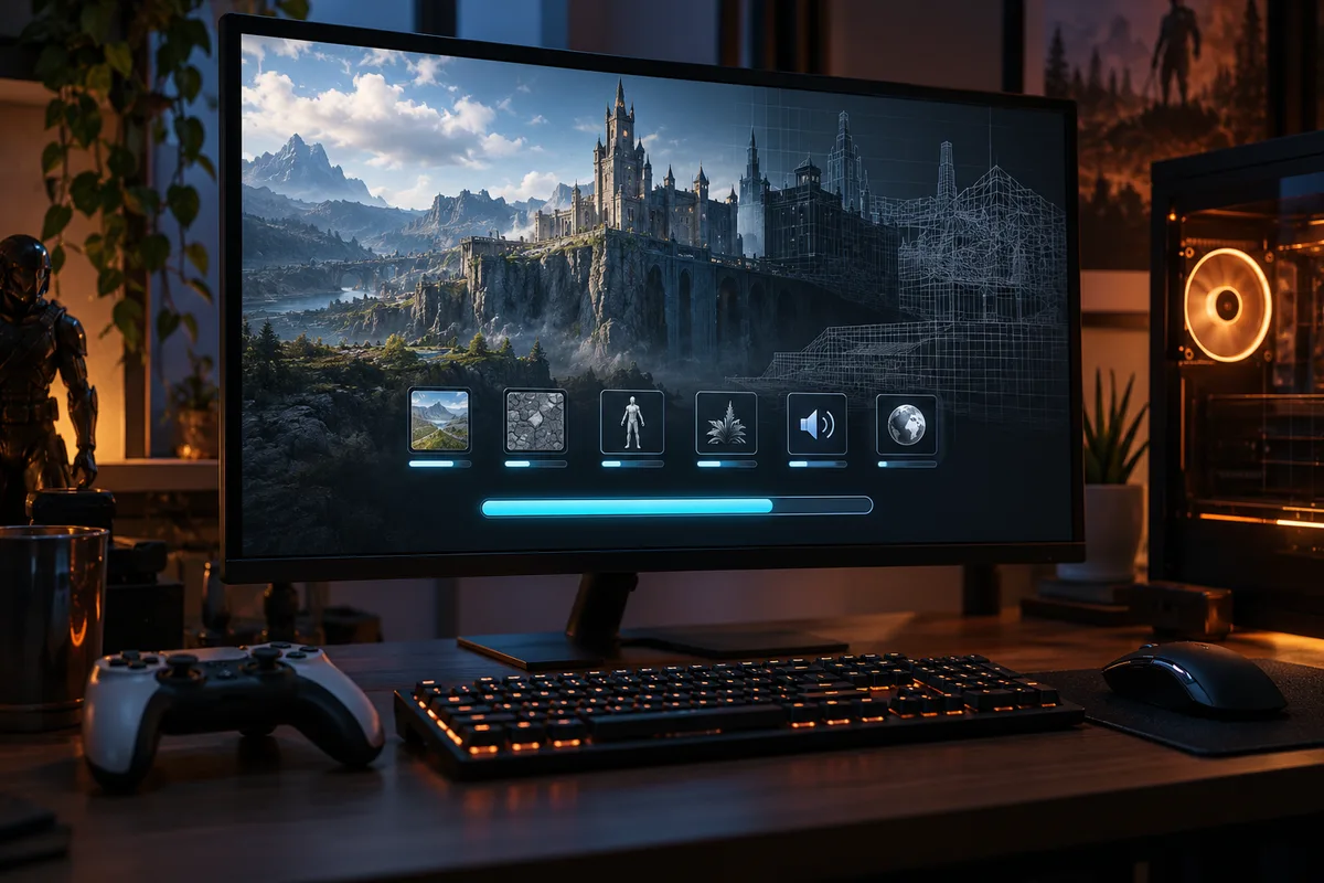 Visual concept of game assets moving from storage through memory to a rendered game world