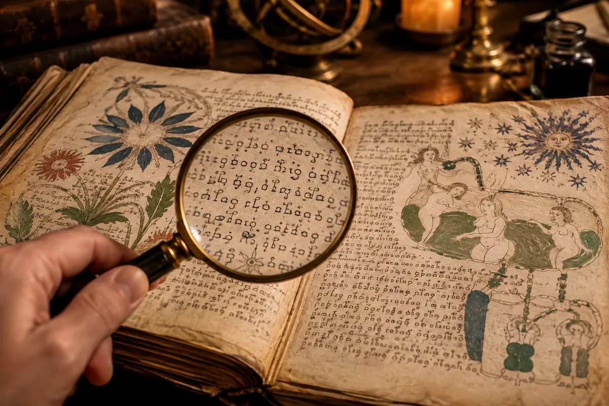 Close-up of an old manuscript page covered in unidentified script and unusual illustrations
