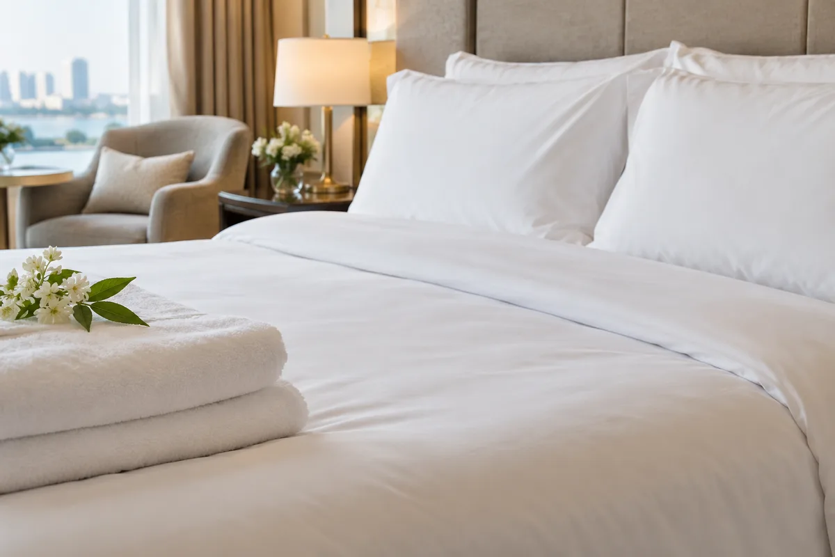 Hotel housekeeping preparing a bed with clean white linens